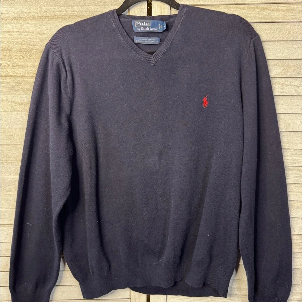Polo Ralph Lauren V Neck Sweater Men Large Navy Merino Wool Pony Preppy Classic